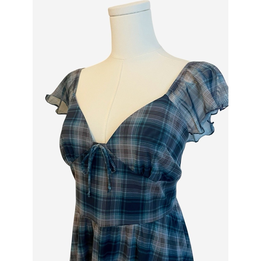 Wild Fable Plaid Mesh Mini Dress Womens Size XL Blue Coquette Cottagecore Y2K - Picture 4 of 13